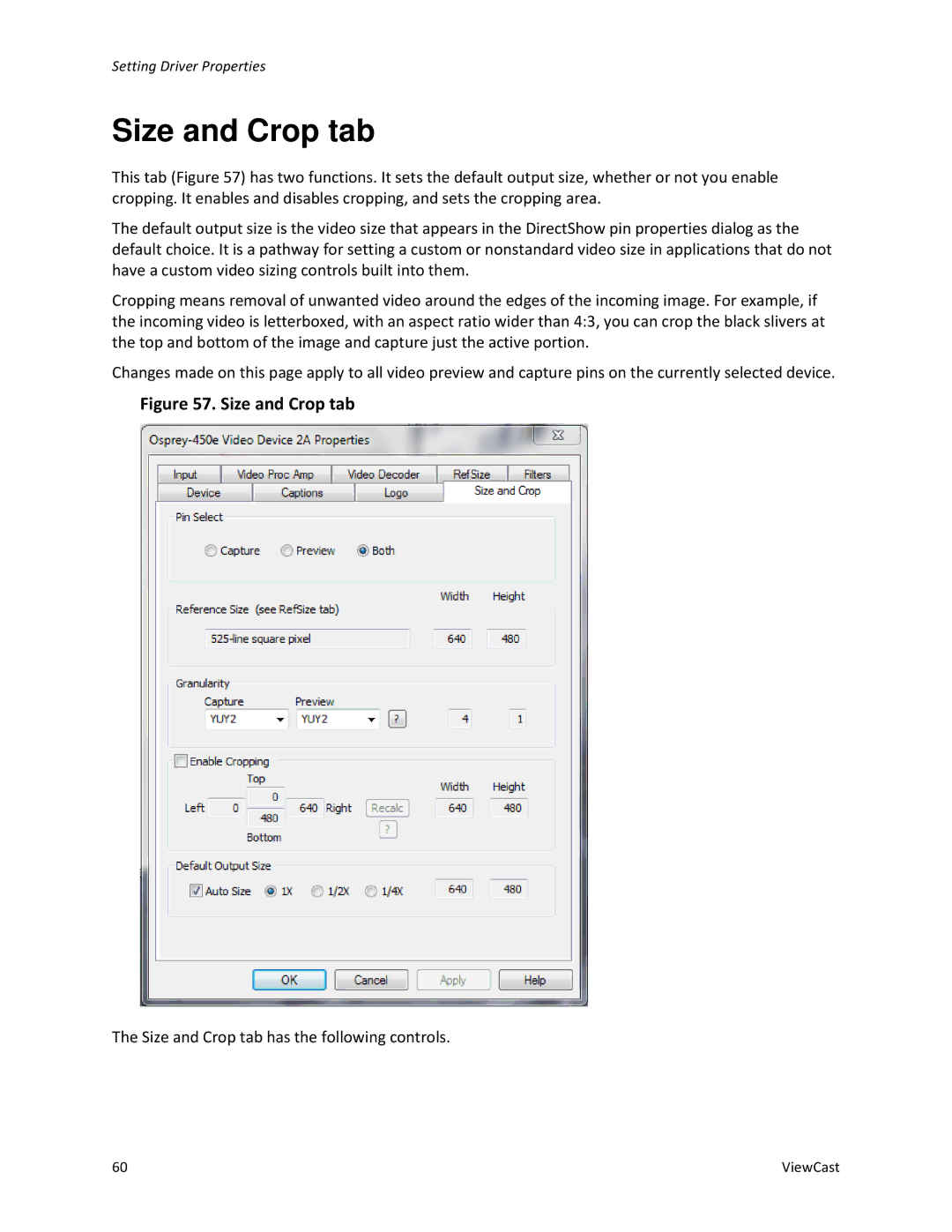 ViewCast 240E, 450E manual Size and Crop tab 