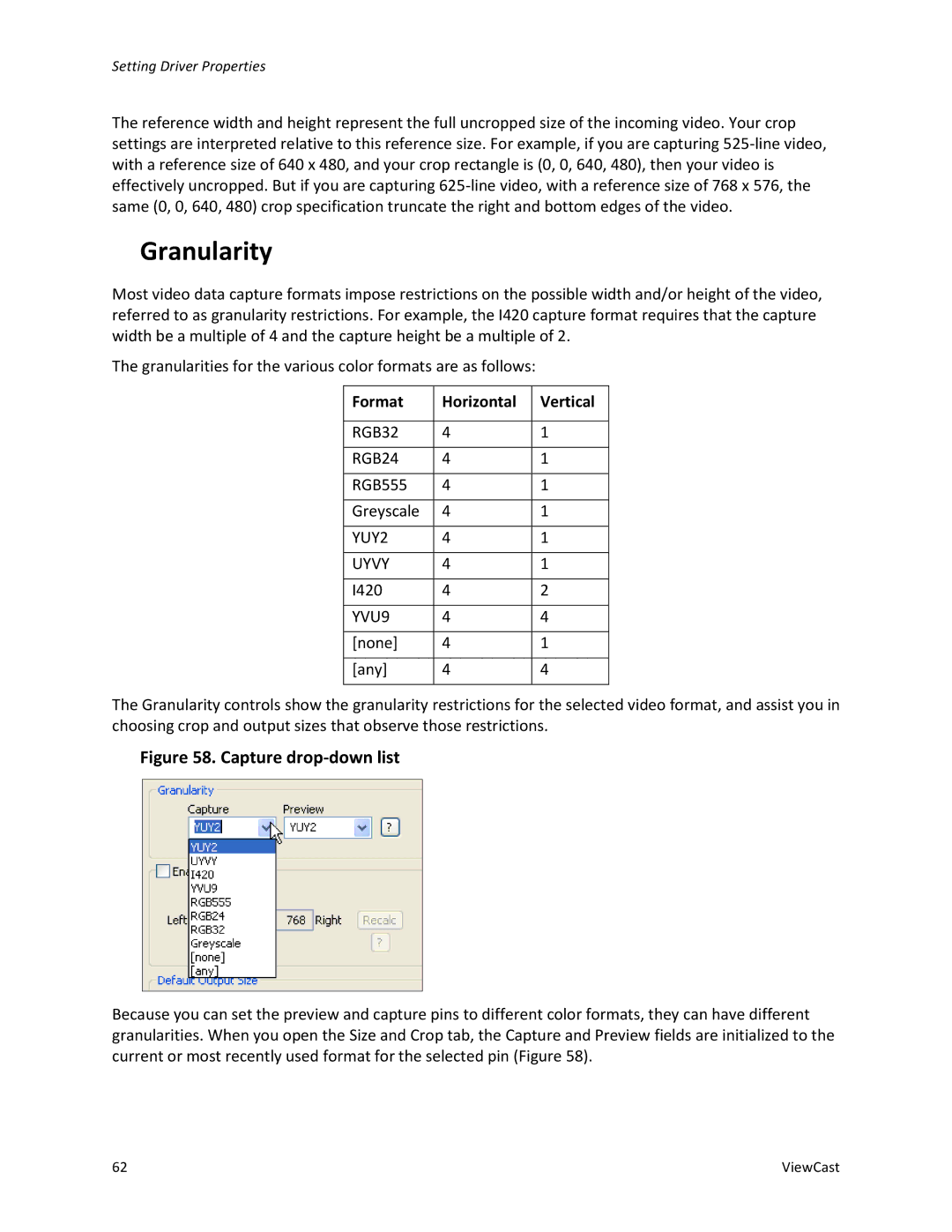 ViewCast 240E, 450E manual Granularity, Format Horizontal Vertical 