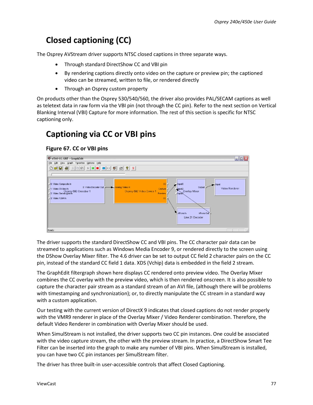 ViewCast 450E, 240E manual Closed captioning CC, Captioning via CC or VBI pins 