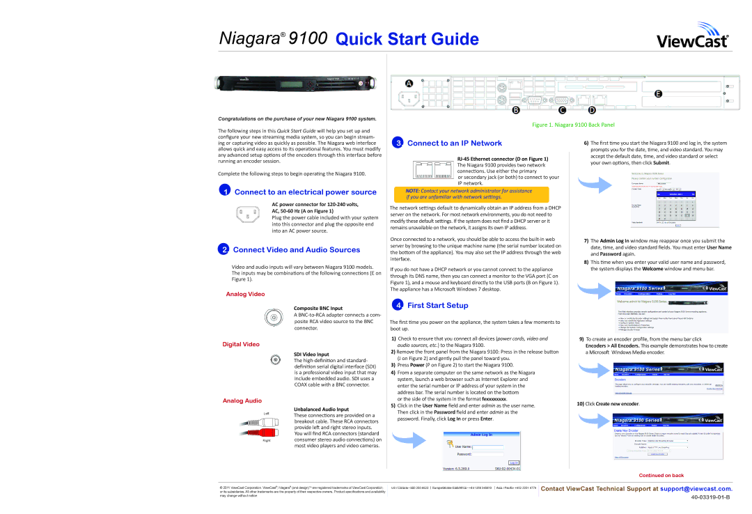 ViewCast 40-03319-01-B quick start Connect Video and Audio Sources, Connect to an IP Network, First Start Setup 