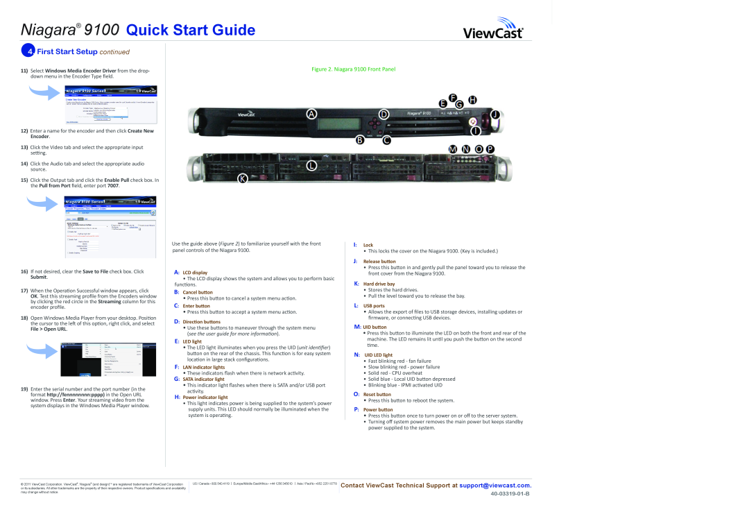 ViewCast 40-03319-01-B quick start First Start Setup continued, Niagara 9100 Front Panel, Submit, File Open URL 