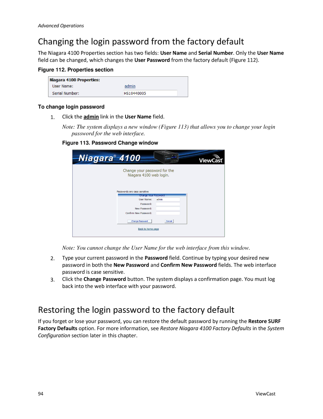 ViewCast 4100 Changing the login password from the factory default, Restoring the login password to the factory default 