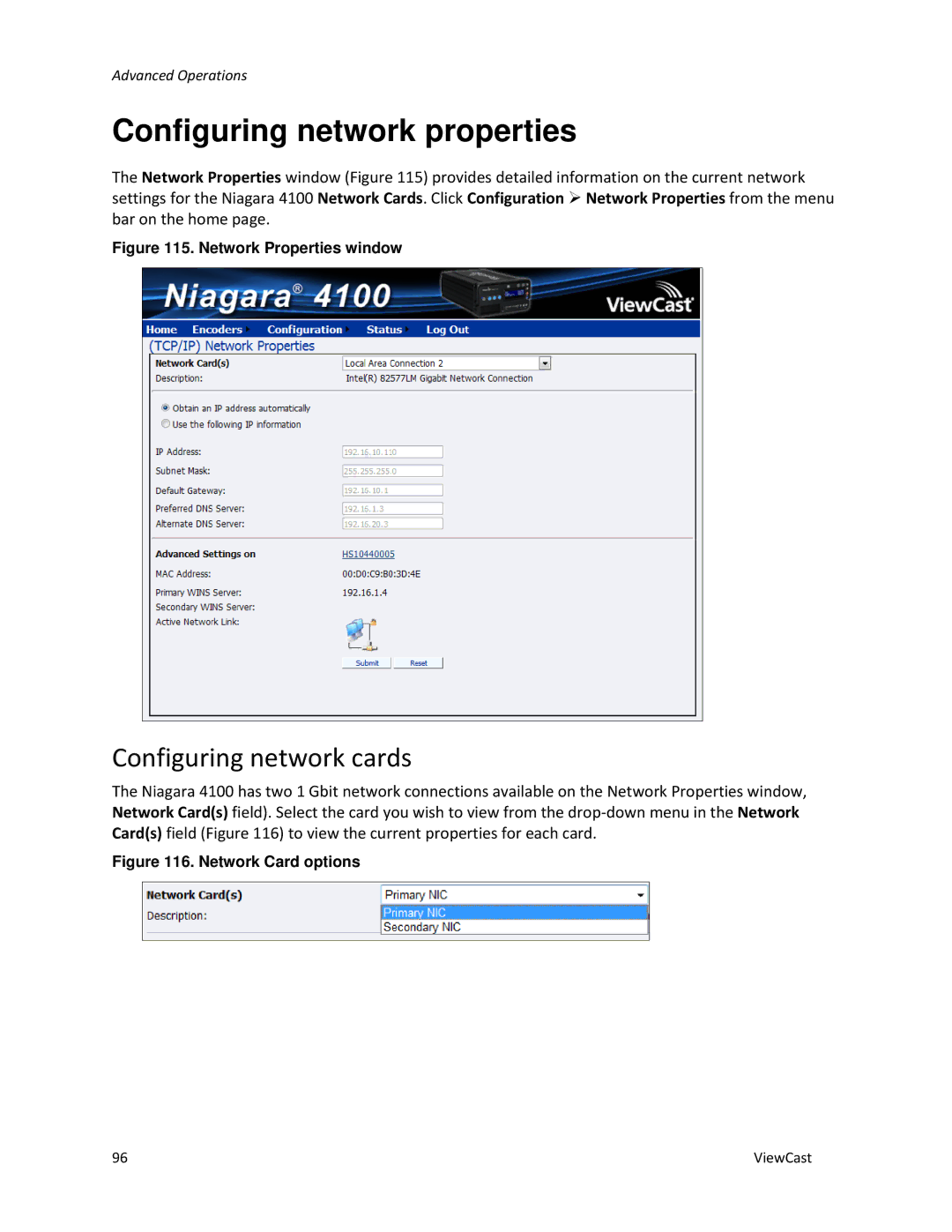 ViewCast 4100 manual Configuring network properties, Configuring network cards 