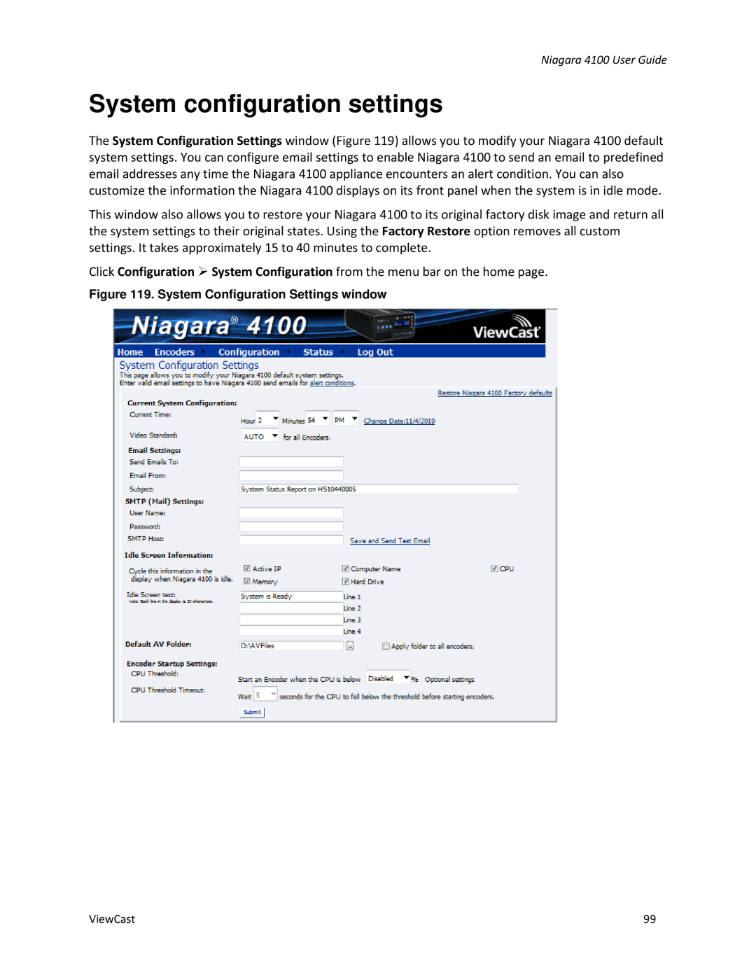 ViewCast 4100 manual System configuration settings, System Configuration Settings window 