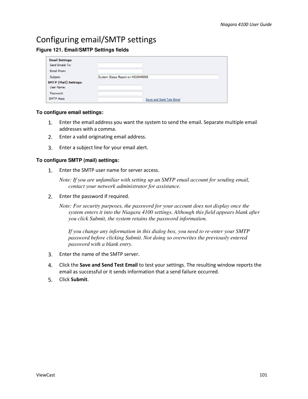 ViewCast 4100 manual Configuring email/SMTP settings, Email/SMTP Settings fields To configure email settings 