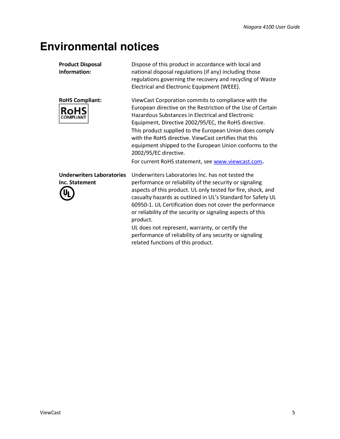 ViewCast 4100 manual Environmental notices 