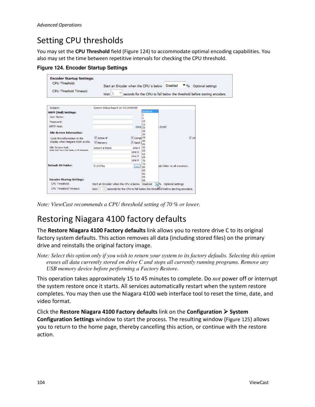 ViewCast manual Setting CPU thresholds, Restoring Niagara 4100 factory defaults 