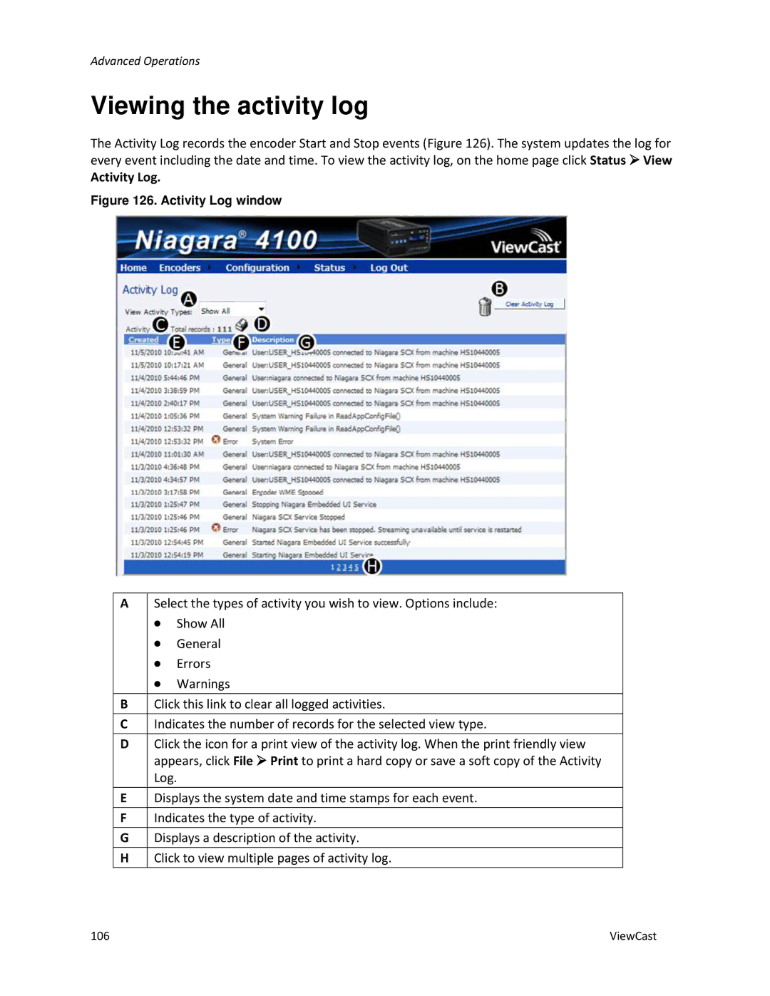 ViewCast 4100 manual Viewing the activity log, Activity Log 