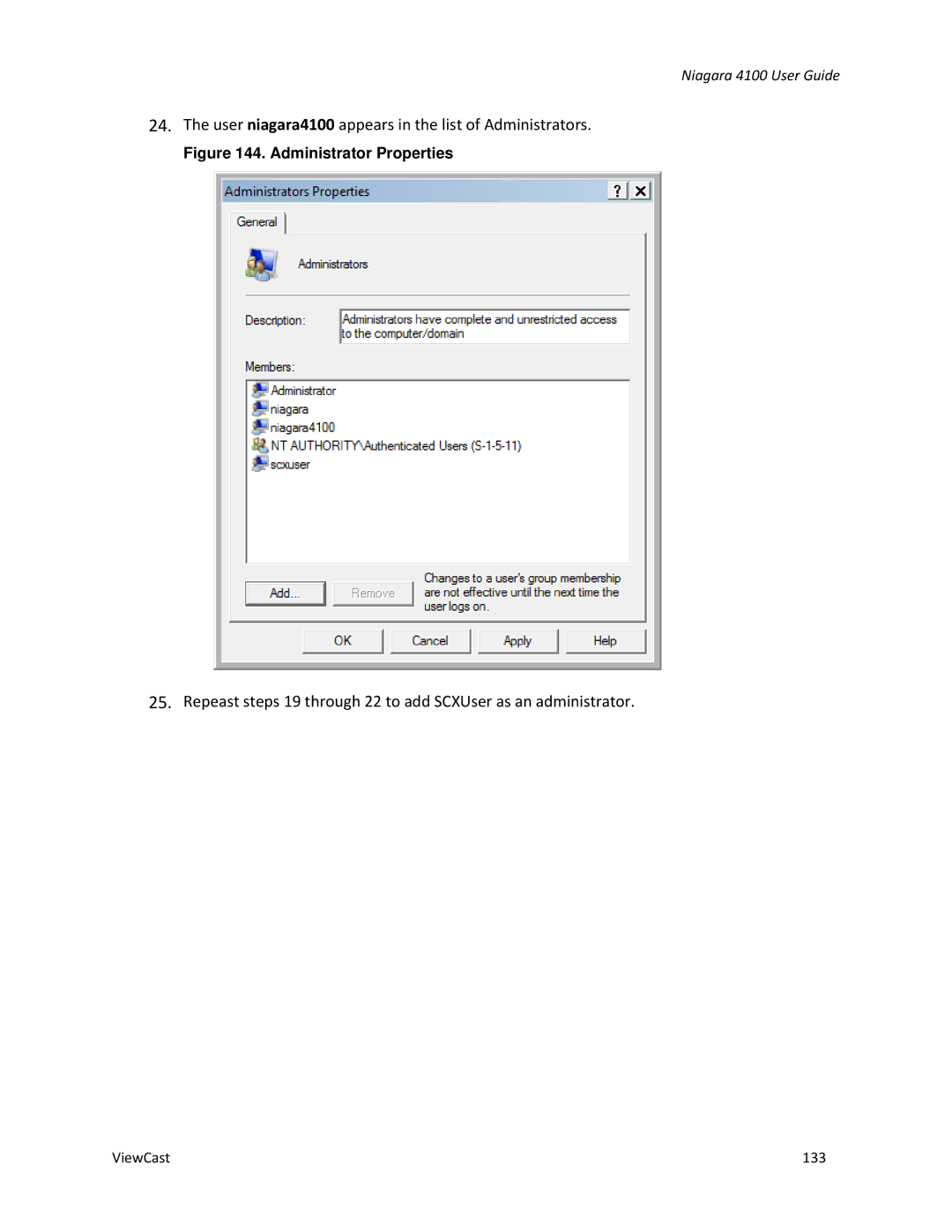 ViewCast manual User niagara4100 appears in the list of Administrators 