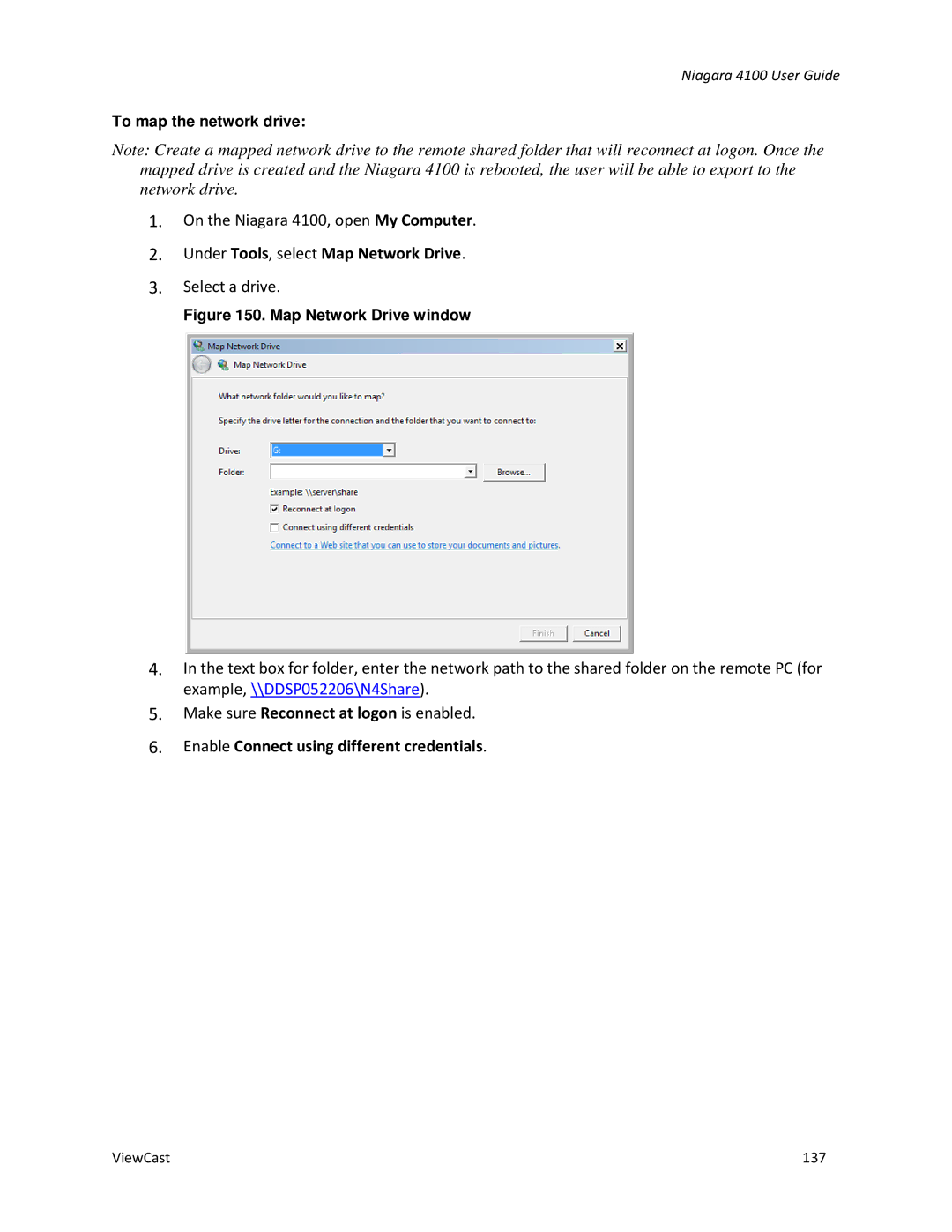 ViewCast 4100 manual Under Tools, select Map Network Drive, Enable Connect using different credentials 