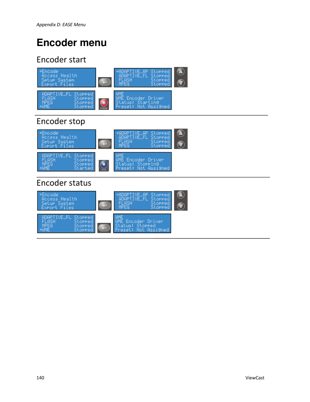 ViewCast 4100 manual Encoder menu, Encoder start Encoder stop Encoder status 