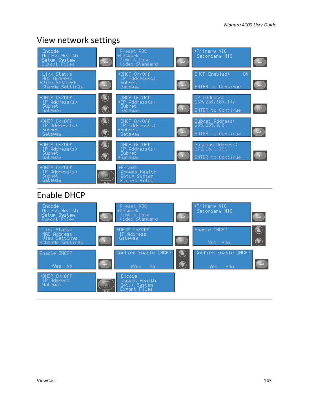 ViewCast 4100 manual View network settings Enable Dhcp 