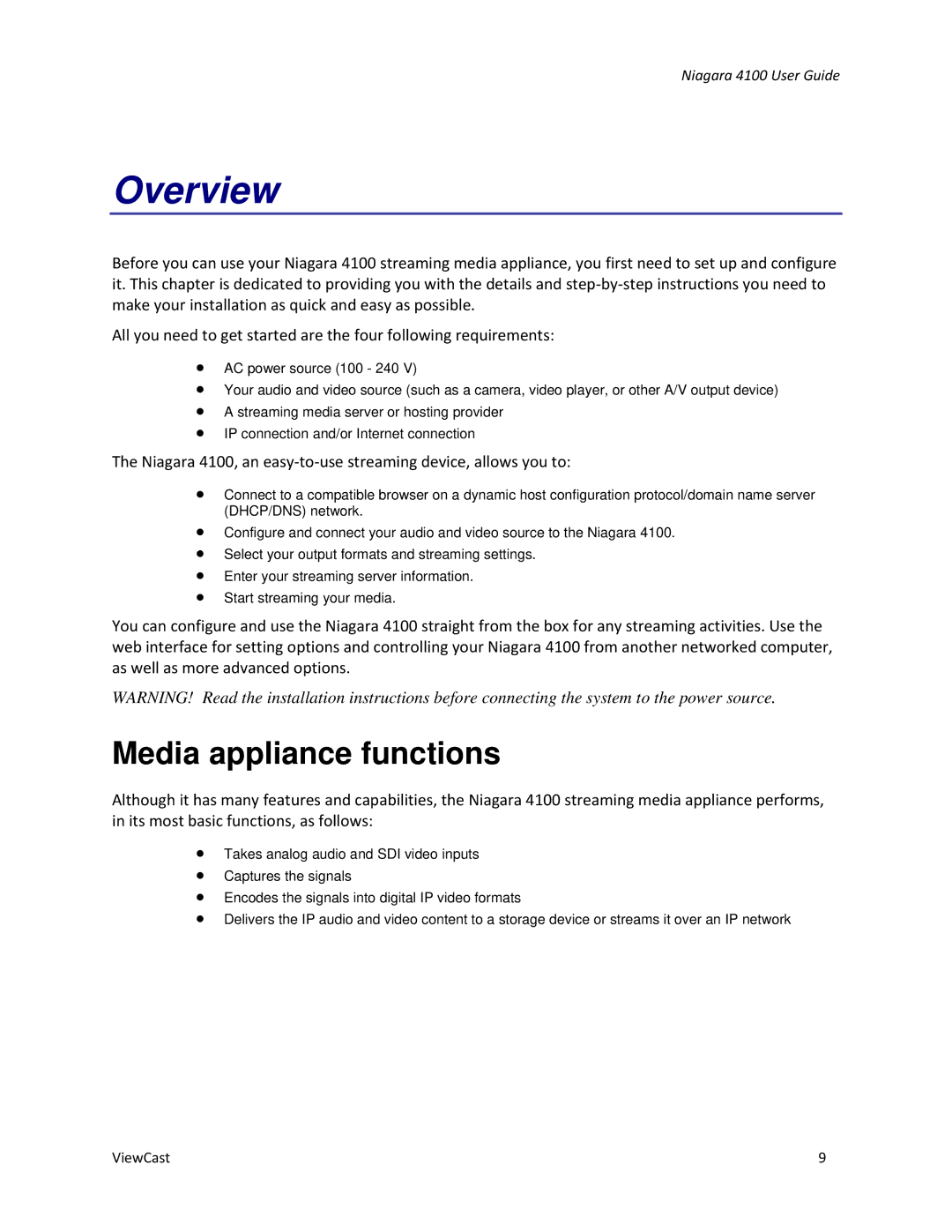 ViewCast 4100 manual Overview, Media appliance functions 