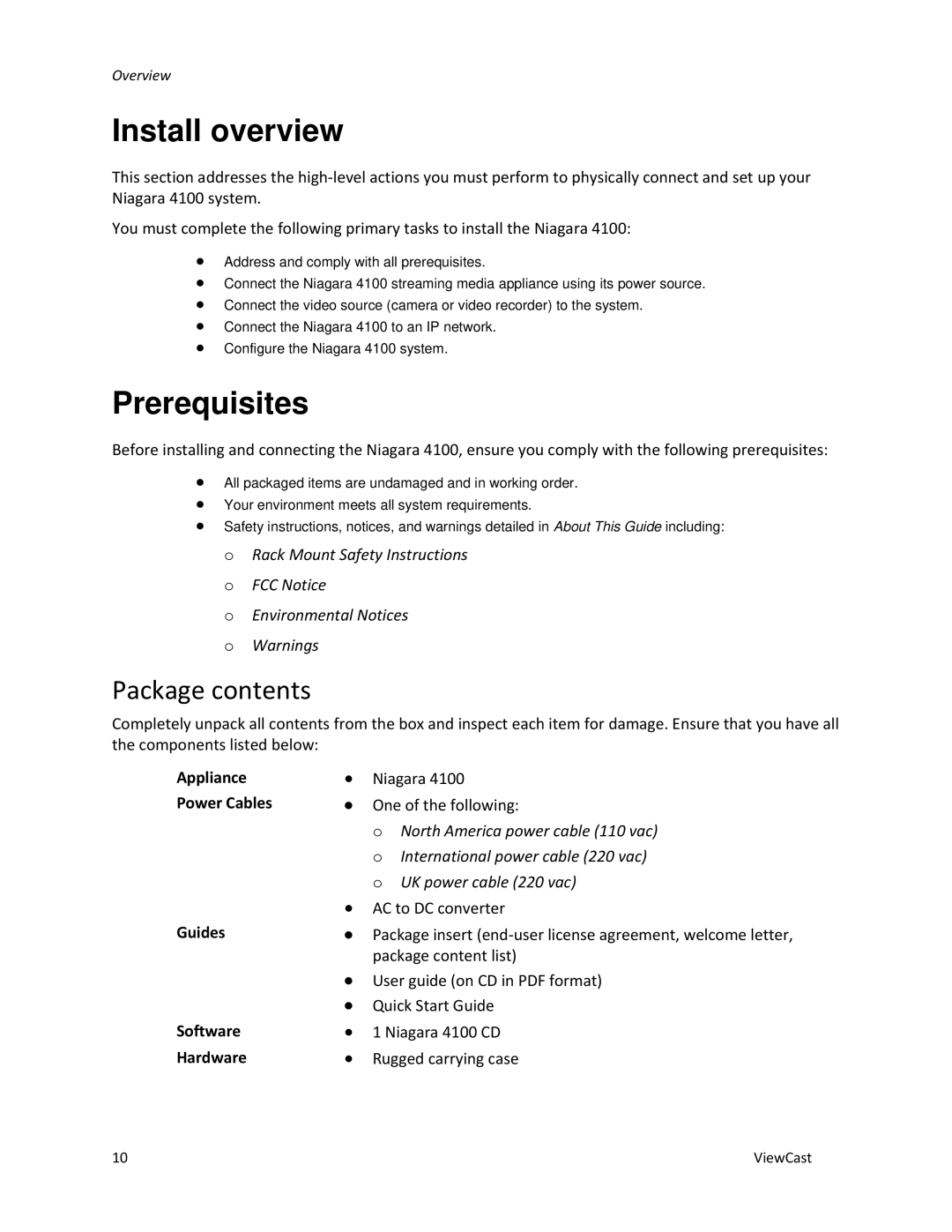 ViewCast 4100 manual Install overview, Prerequisites, Package contents 