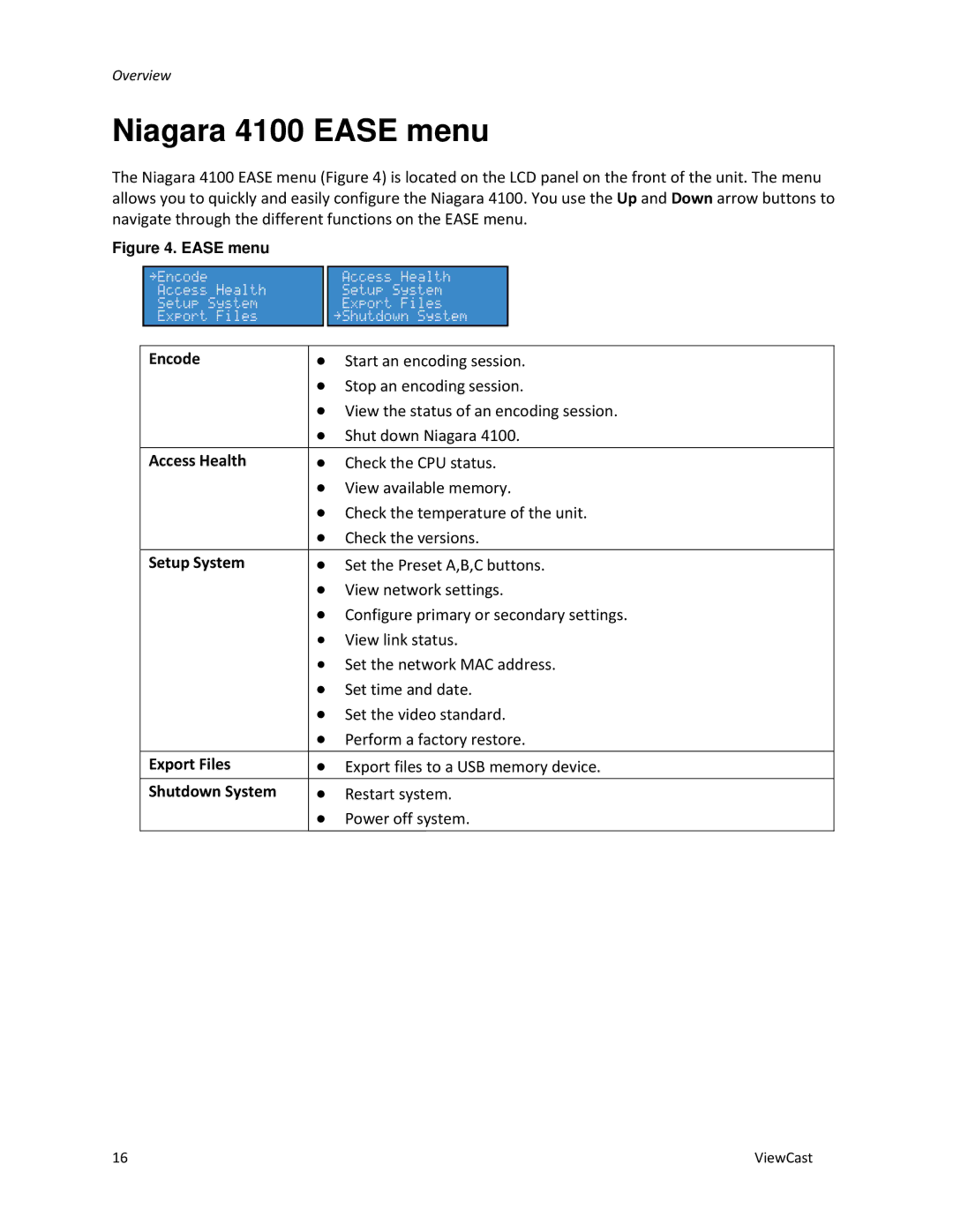 ViewCast manual Niagara 4100 Ease menu 