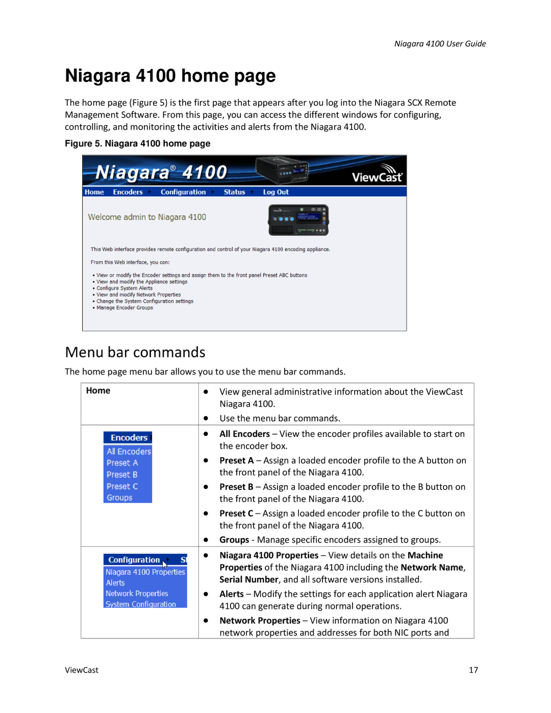 ViewCast manual Niagara 4100 home, Menu bar commands, Home 