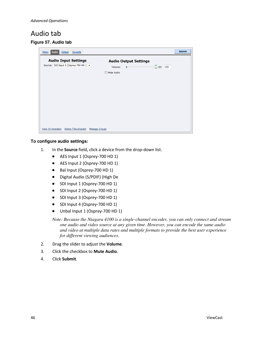 ViewCast 4100 manual Audio tab To configure audio settings 