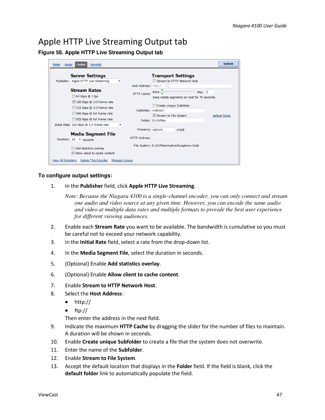 ViewCast 4100 manual Apple Http Live Streaming Output tab, Publisher field, click Apple Http Live Streaming 