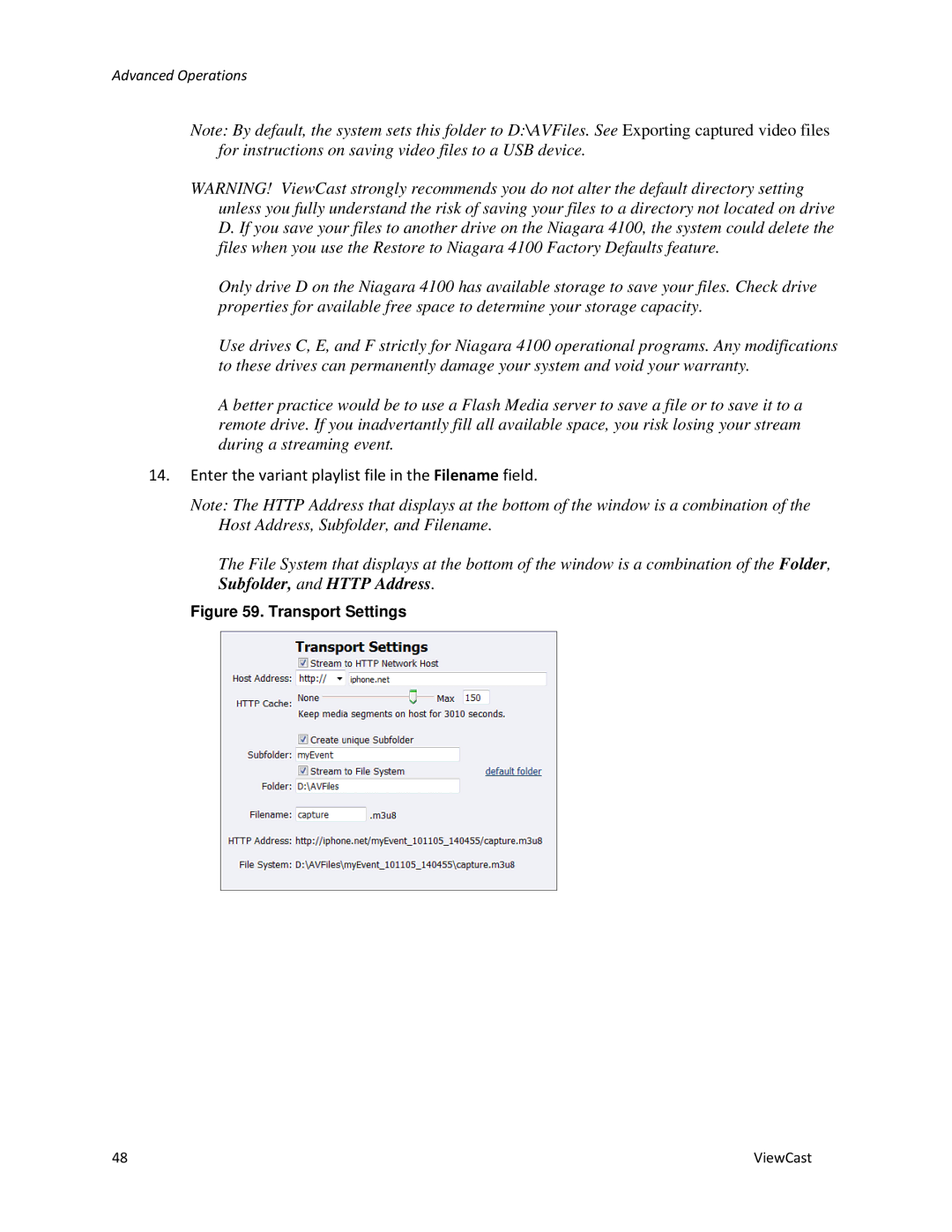 ViewCast 4100 manual Enter the variant playlist file in the Filename field 