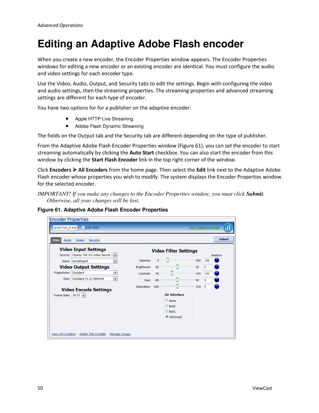 ViewCast 4100 manual Editing an Adaptive Adobe Flash encoder, Adaptive Adobe Flash Encoder Properties 