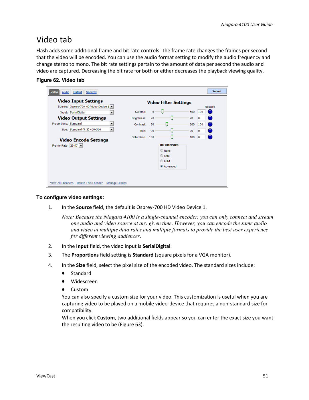 ViewCast 4100 manual Video tab 