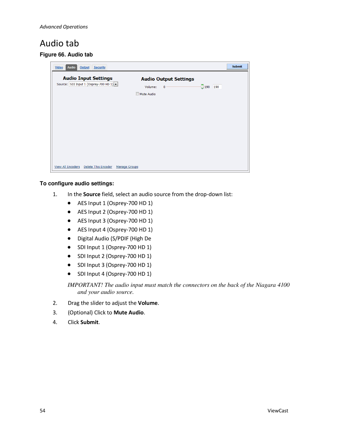 ViewCast 4100 manual Audio tab 