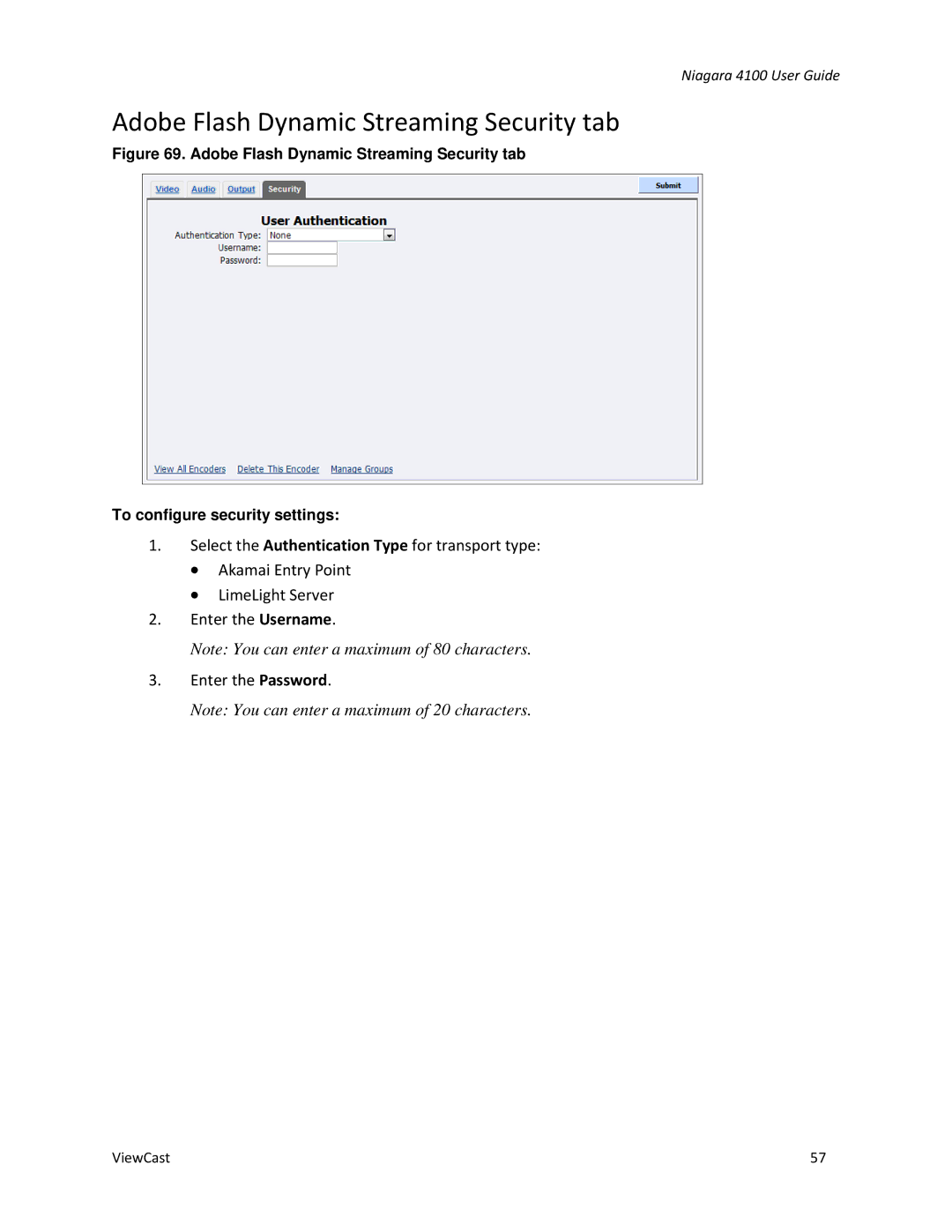 ViewCast 4100 manual Adobe Flash Dynamic Streaming Security tab 