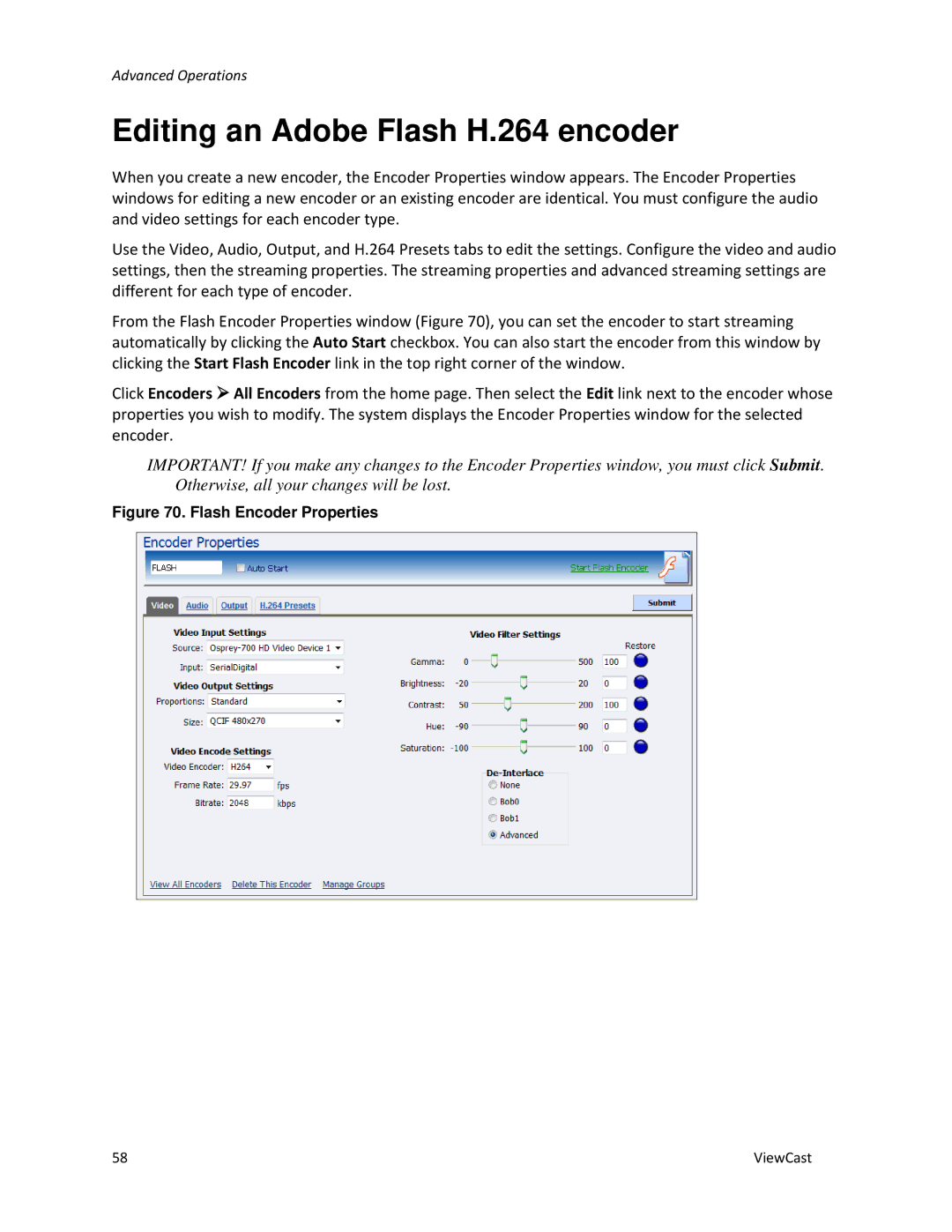 ViewCast 4100 manual Editing an Adobe Flash H.264 encoder, Flash Encoder Properties 