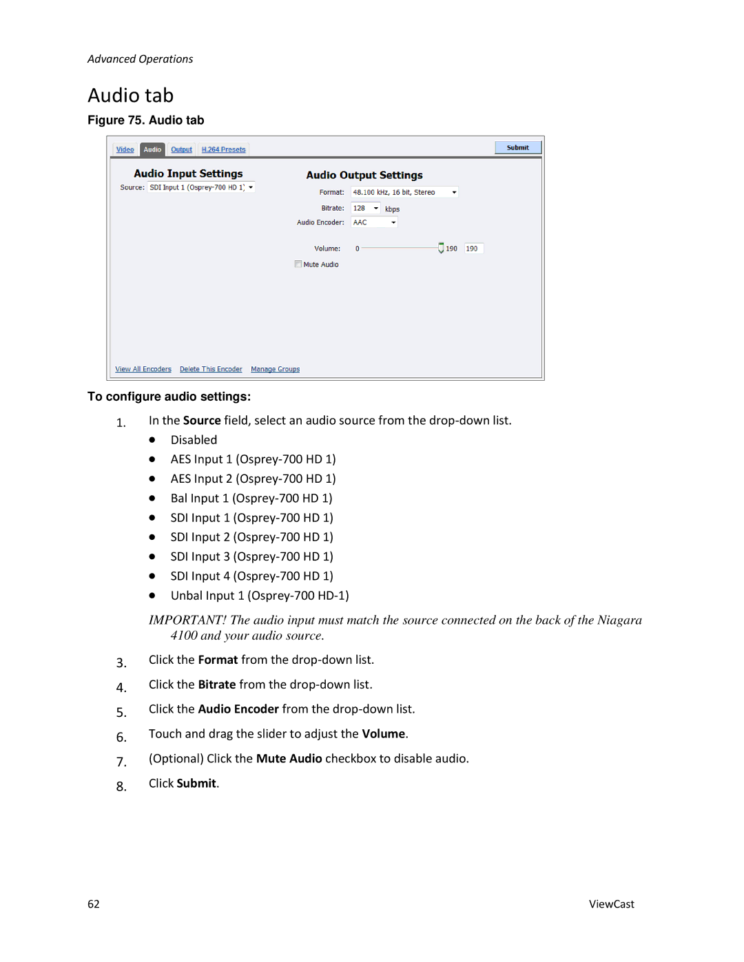 ViewCast 4100 manual Audio tab 