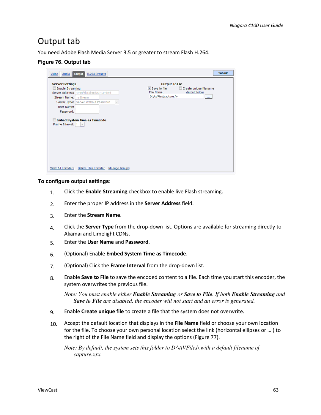 ViewCast 4100 manual Output tab To configure output settings 