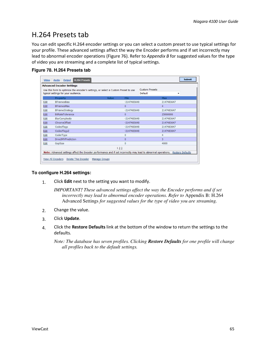 ViewCast 4100 manual Presets tab, Click Edit next to the setting you want to modify 