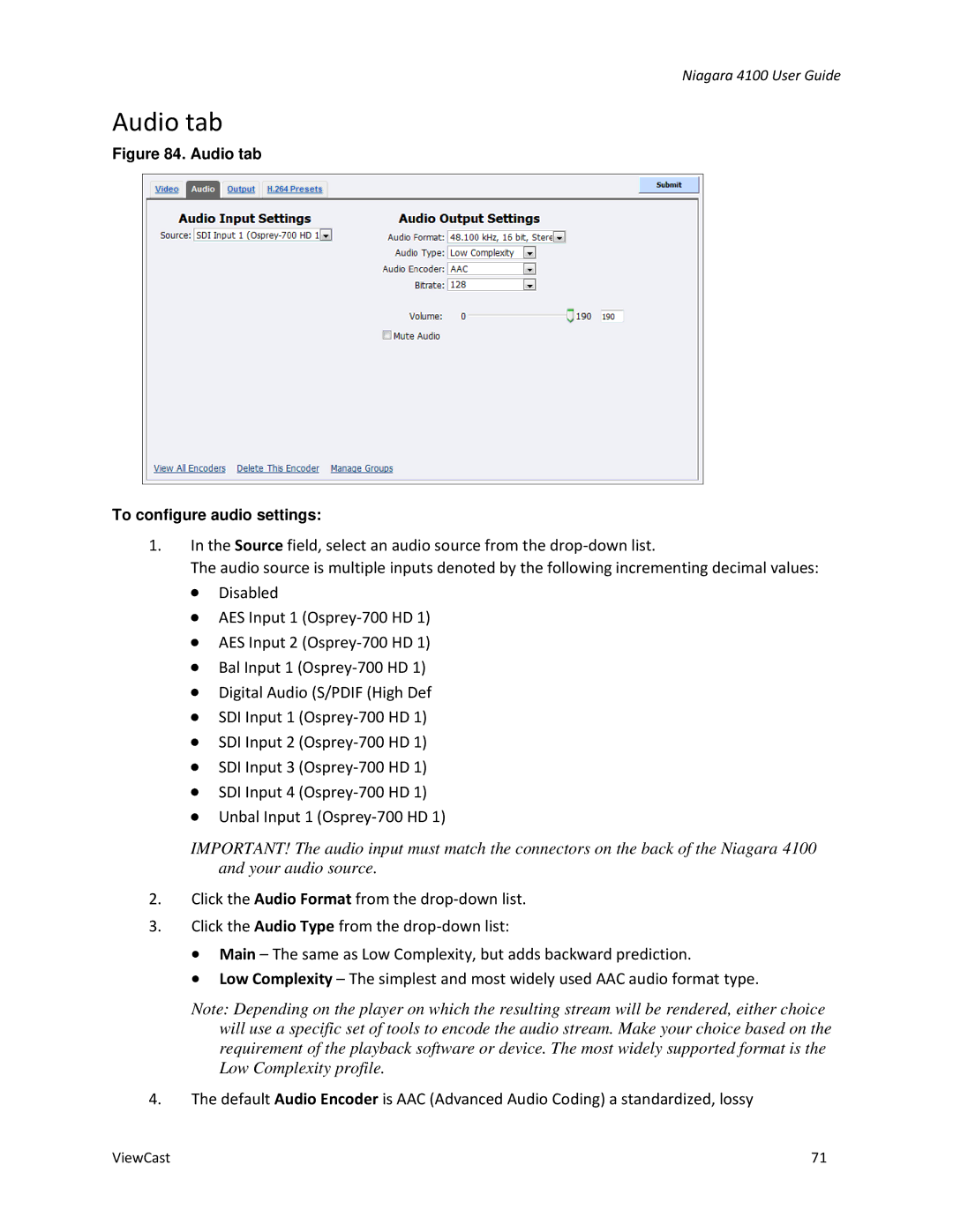 ViewCast 4100 manual Audio tab 