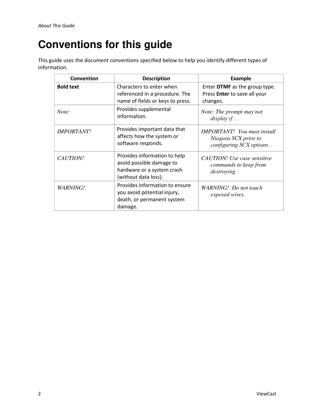 ViewCast 4100 manual Conventions for this guide, Convention Description Example Bold text 