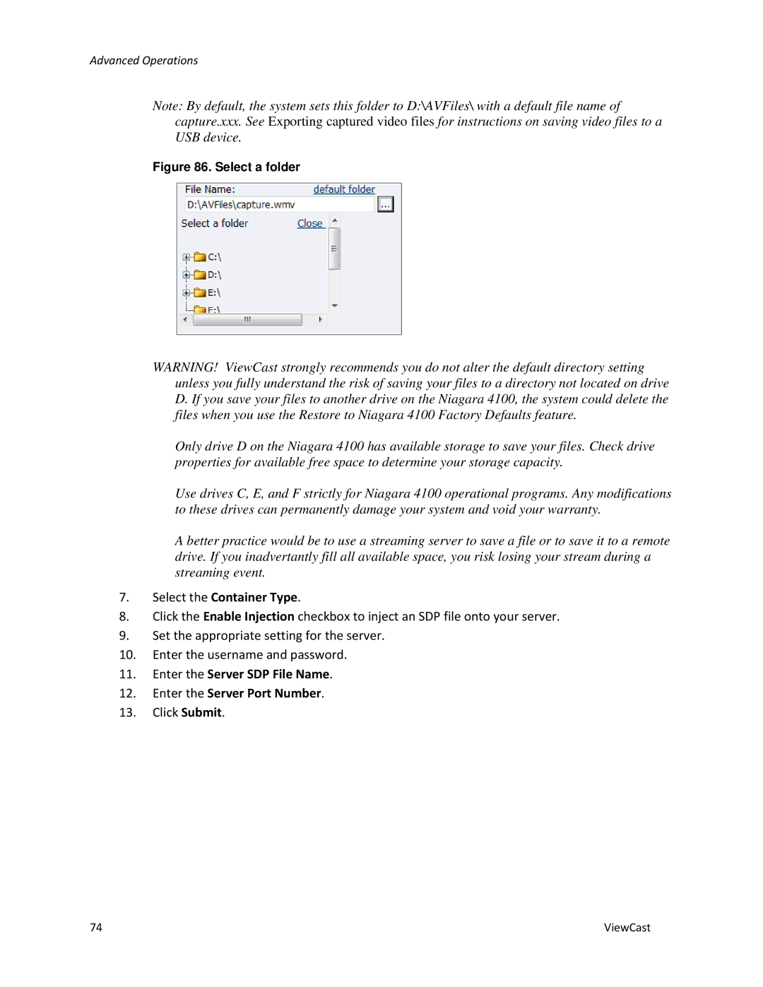 ViewCast 4100 manual Select the Container Type, Enter the Server SDP File Name Enter the Server Port Number 