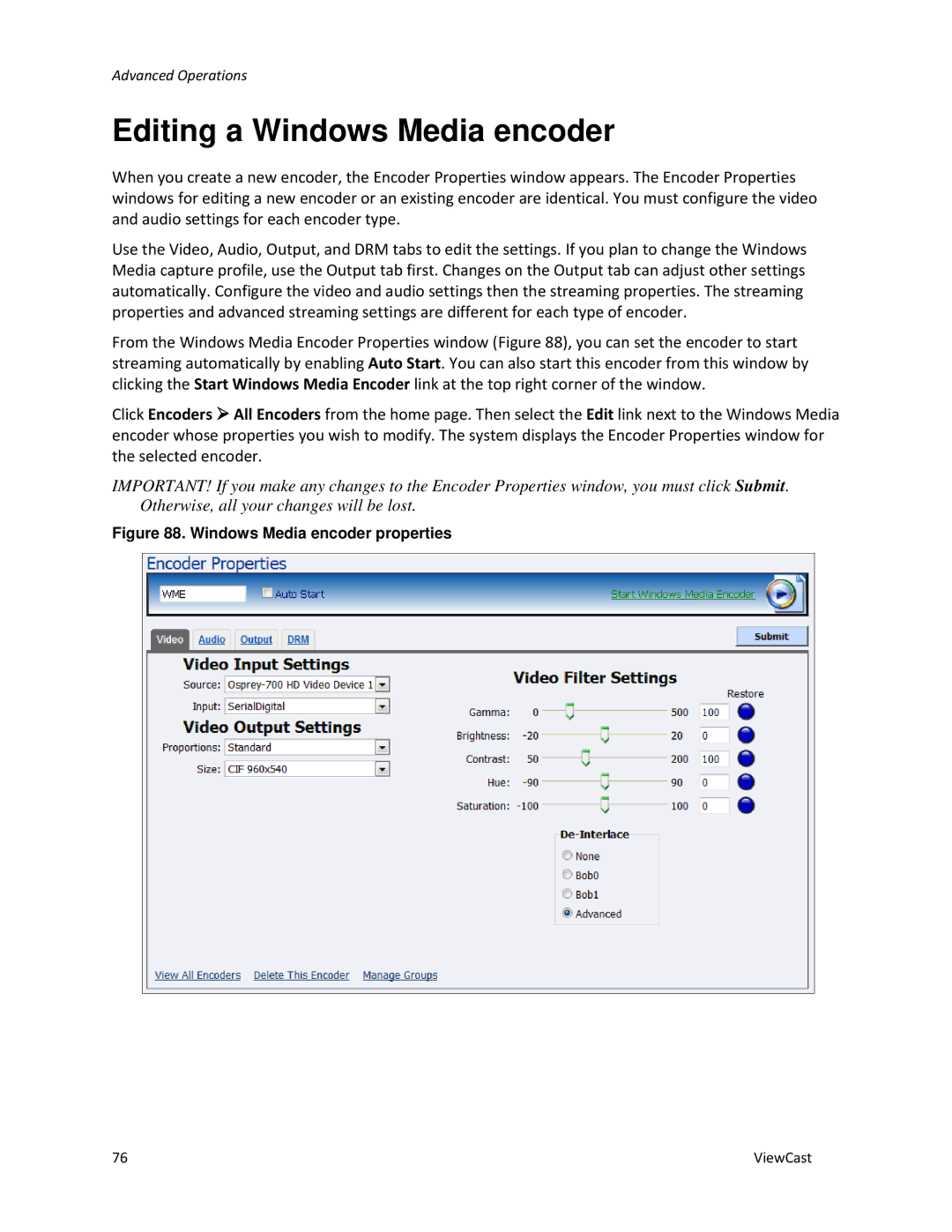 ViewCast 4100 manual Editing a Windows Media encoder, Windows Media encoder properties 