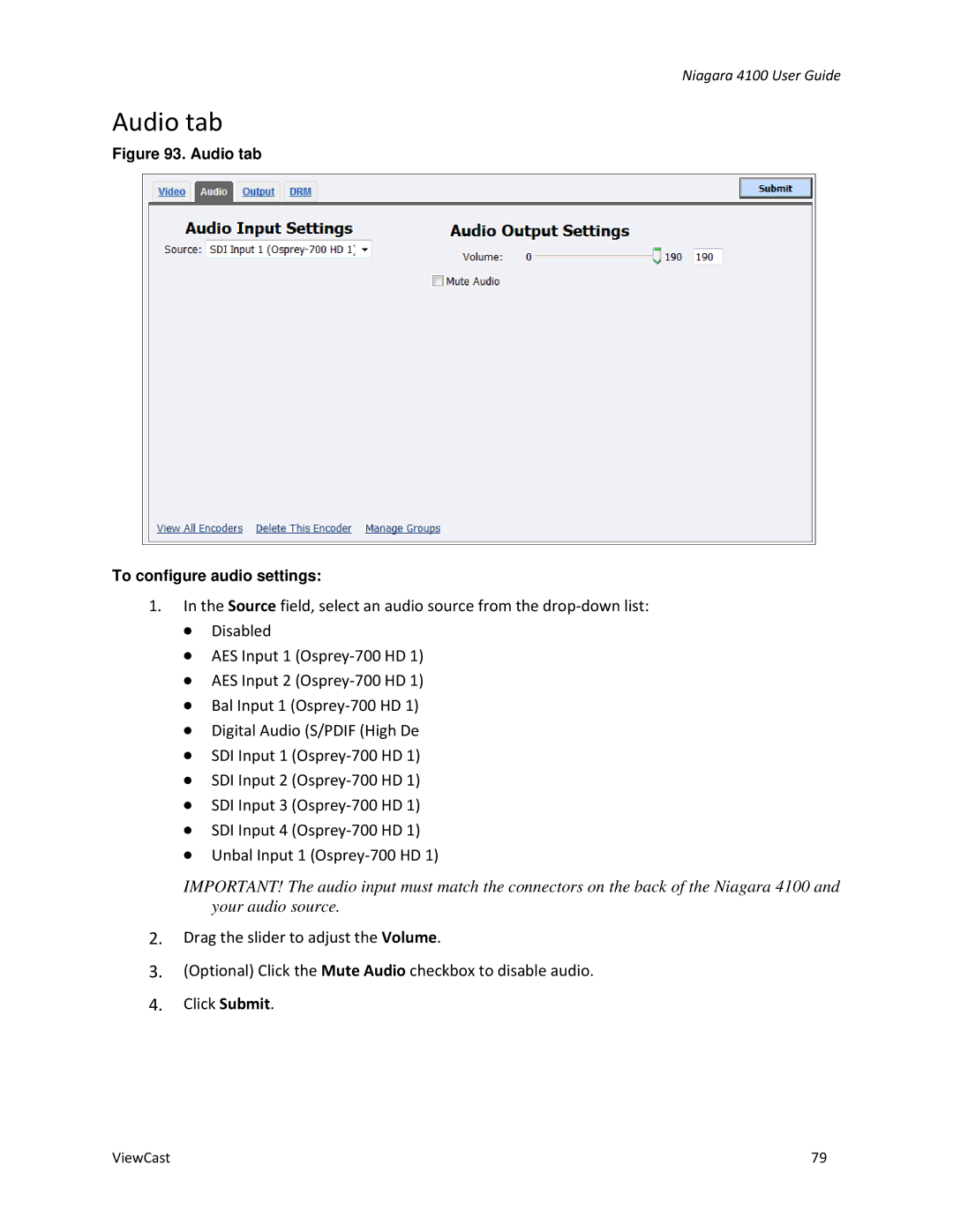 ViewCast 4100 manual Audio tab 