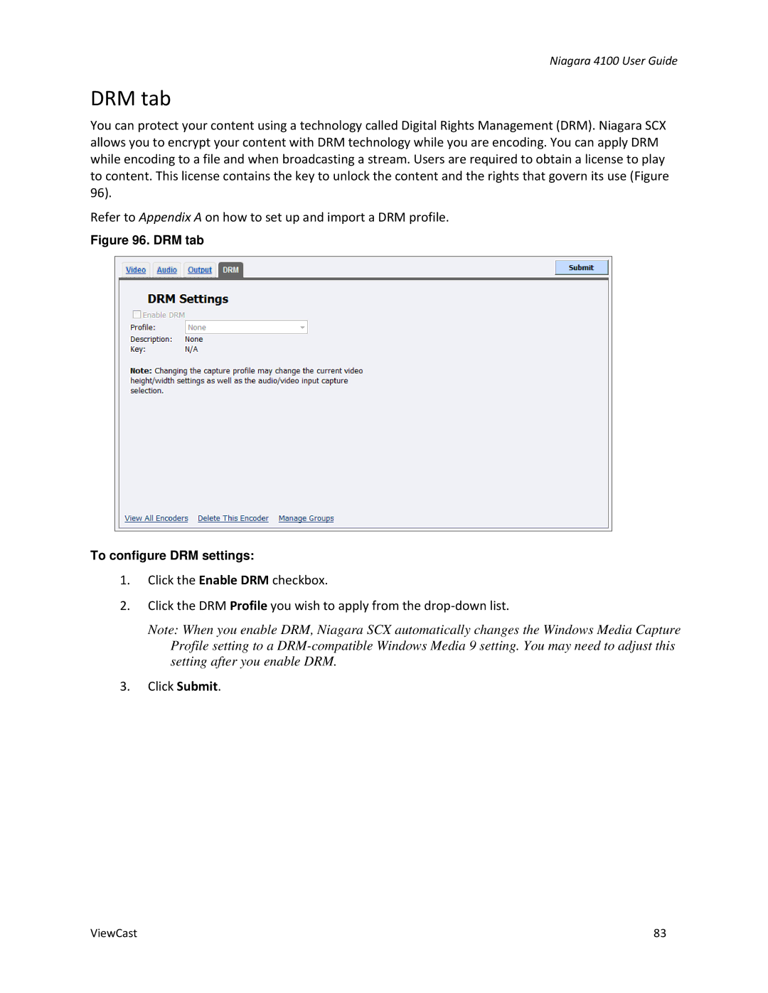 ViewCast 4100 manual DRM tab To configure DRM settings 