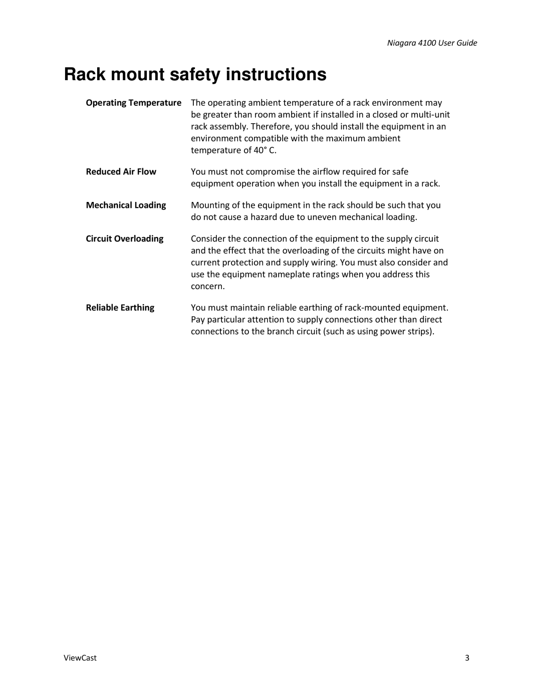 ViewCast 4100 manual Rack mount safety instructions 