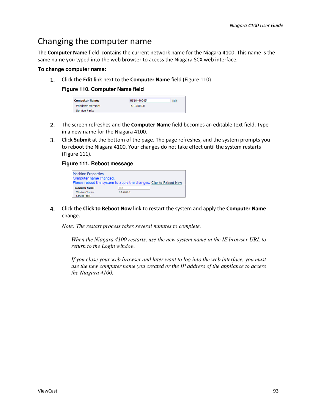 ViewCast 4100 manual Changing the computer name, Computer Name field 