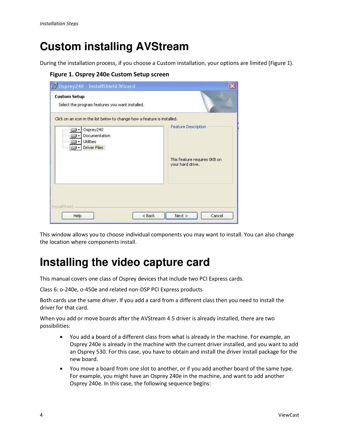 ViewCast Osprey-450e, Osprey-240e manual Custom installing AVStream, Installing the video capture card 