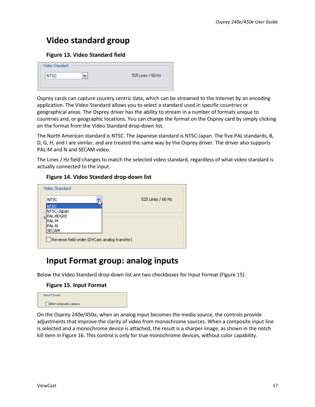 ViewCast Osprey-240e, Osprey-450e manual Video standard group, Input Format group analog inputs 