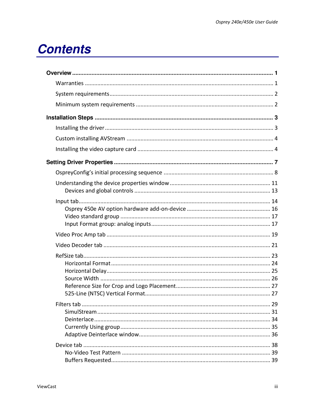ViewCast Osprey-240e, Osprey-450e manual Contents 