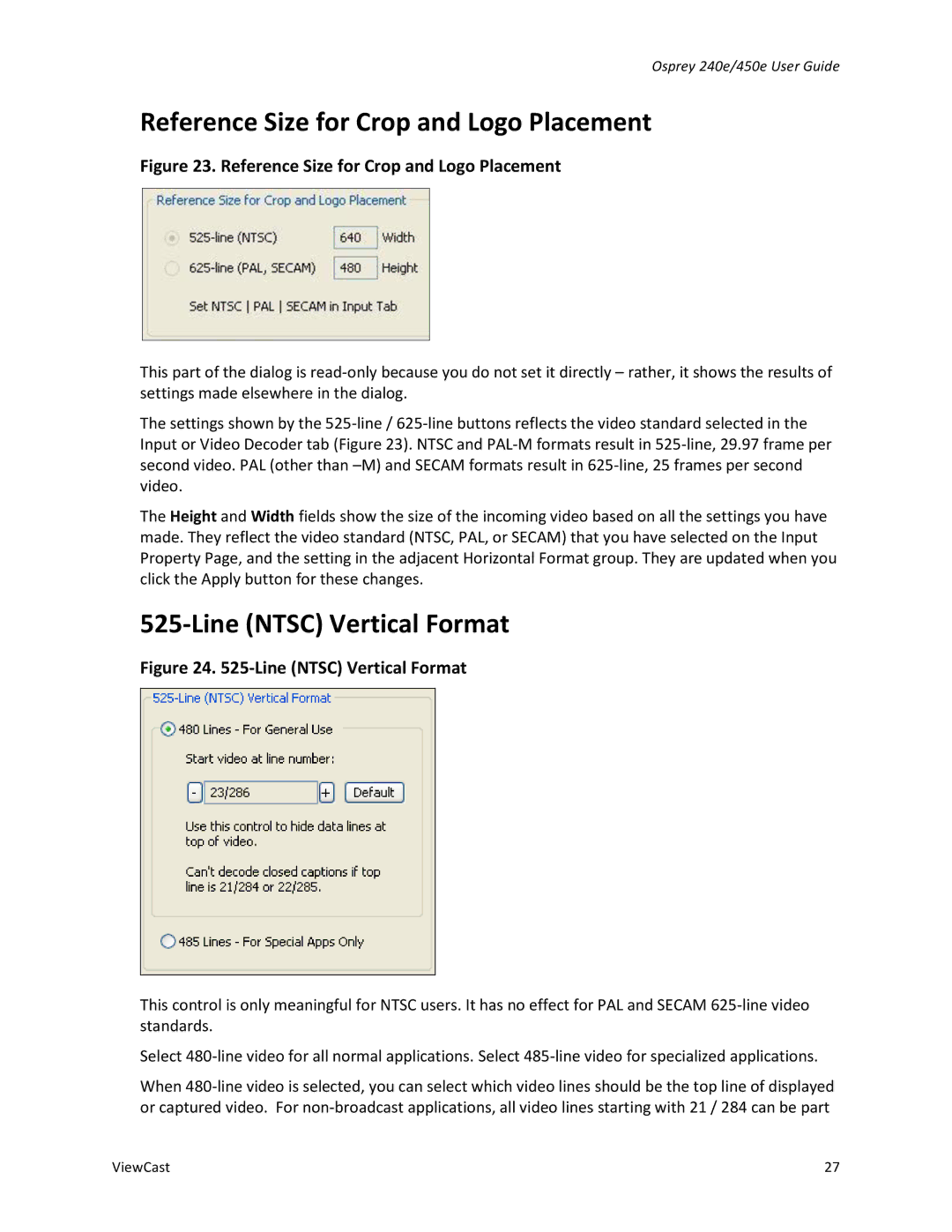 ViewCast Osprey-240e, Osprey-450e manual Reference Size for Crop and Logo Placement, Line Ntsc Vertical Format 