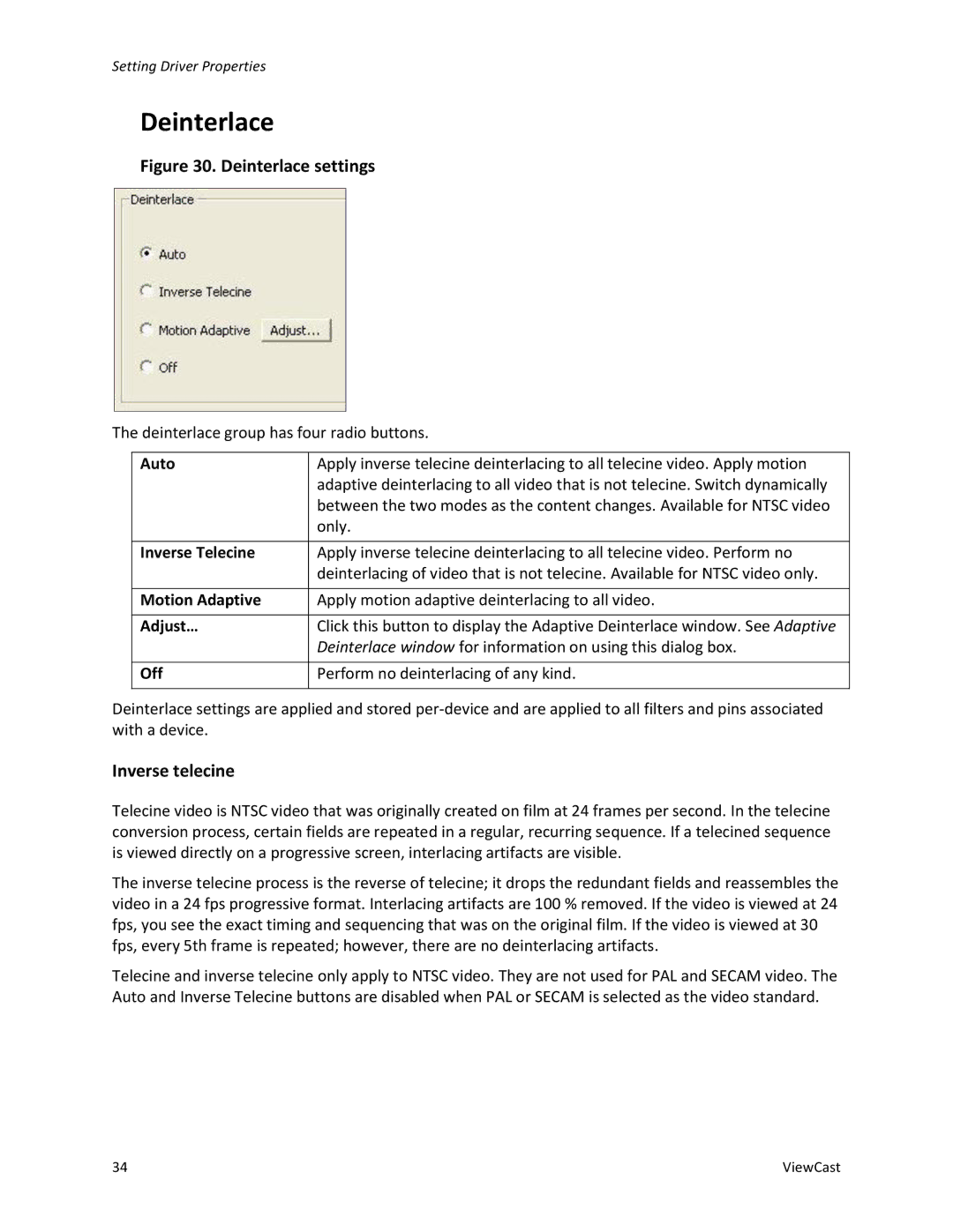 ViewCast Osprey-450e, Osprey-240e manual Deinterlace, Inverse Telecine, Motion Adaptive, Adjust…, Off 