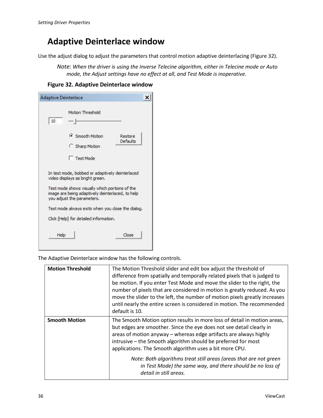 ViewCast Osprey-450e, Osprey-240e manual Adaptive Deinterlace window, Motion Threshold, Smooth Motion 