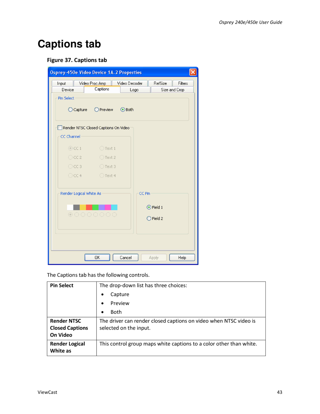 ViewCast Osprey-240e, Osprey-450e manual Captions tab 
