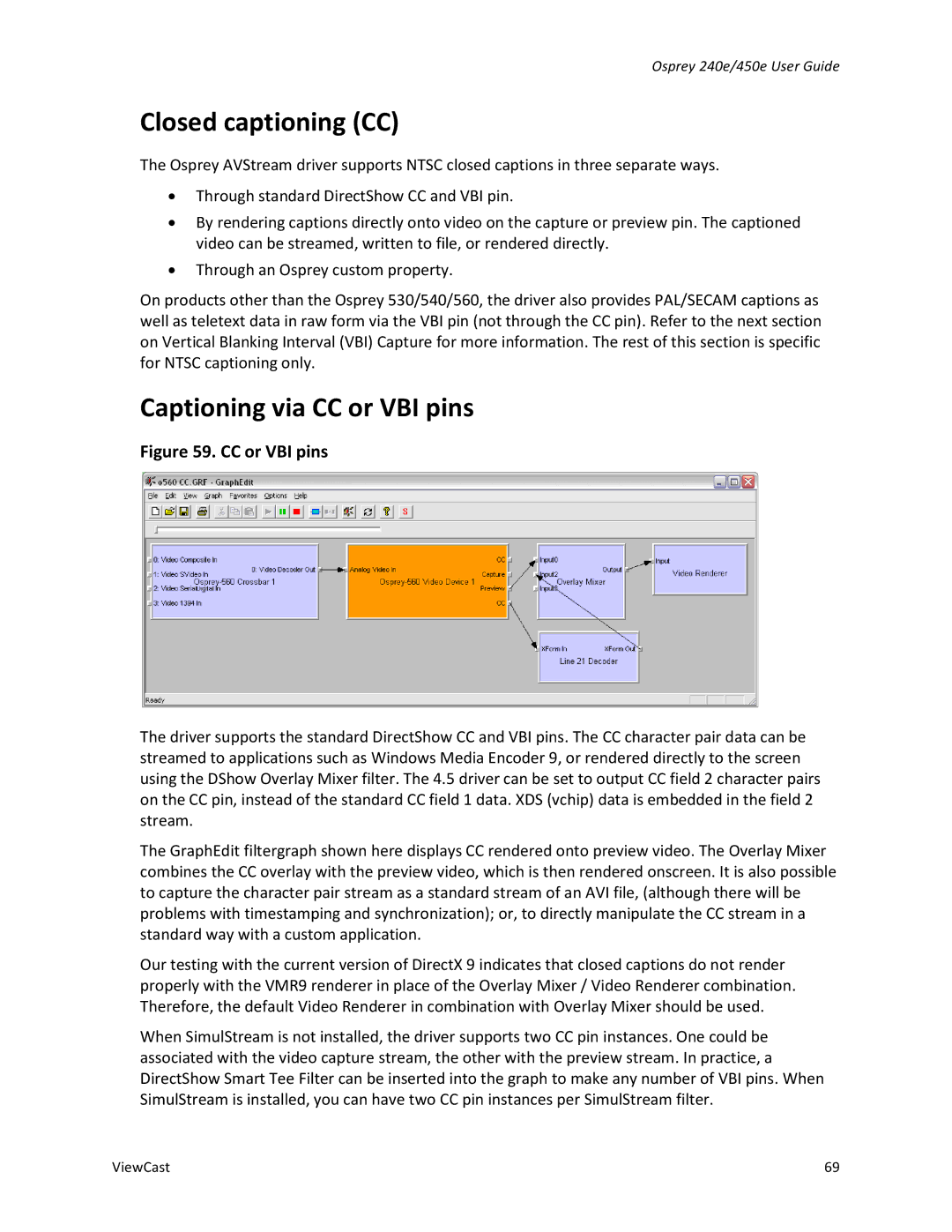 ViewCast Osprey-240e, Osprey-450e manual Closed captioning CC, Captioning via CC or VBI pins 