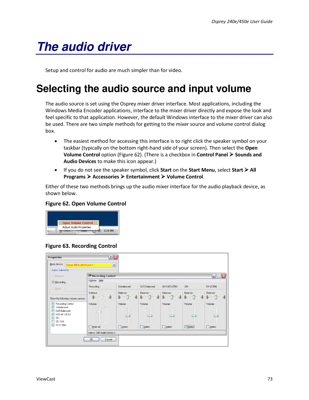 ViewCast Osprey-240e, Osprey-450e manual Audio driver, Selecting the audio source and input volume 