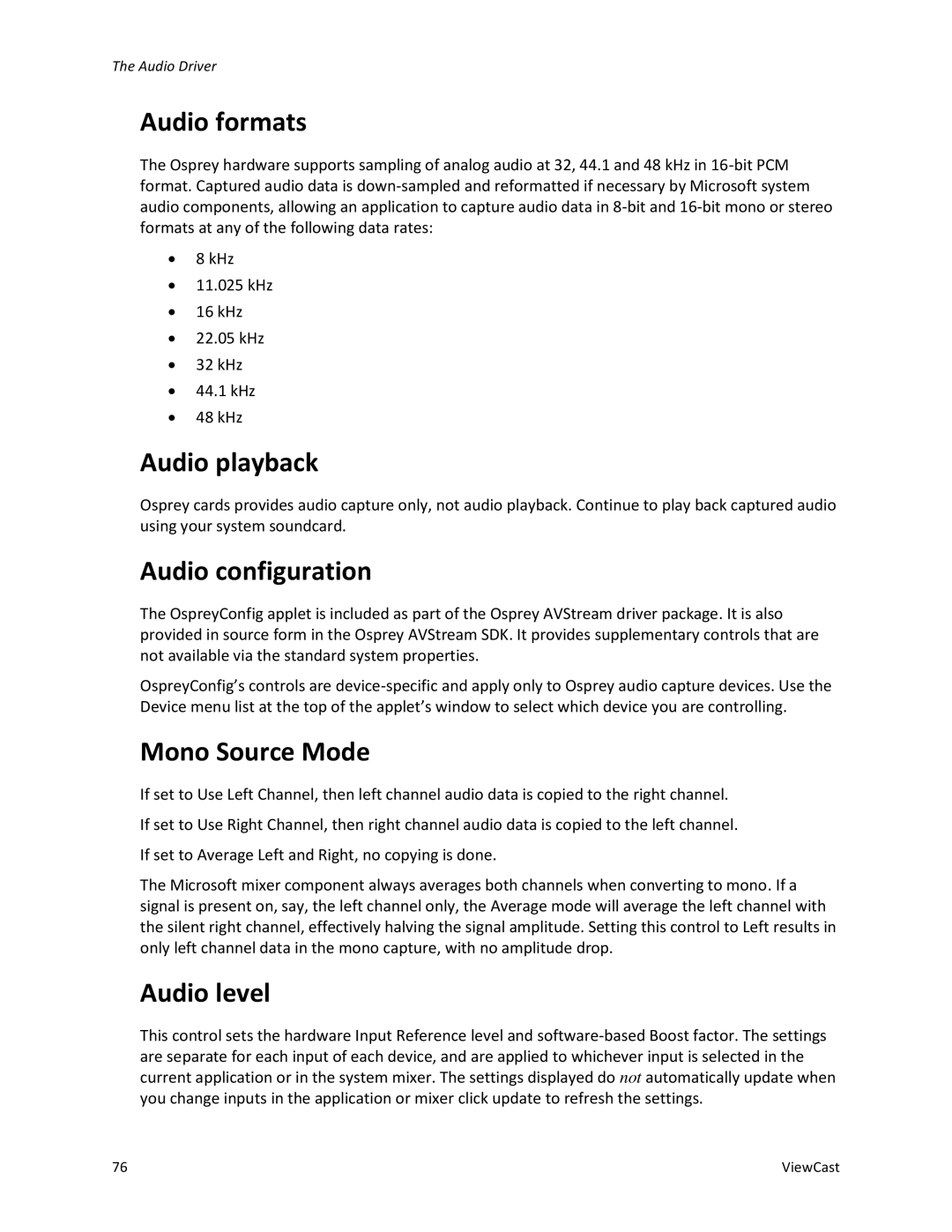 ViewCast Osprey-450e, Osprey-240e manual Audio formats, Audio playback, Audio configuration, Mono Source Mode, Audio level 