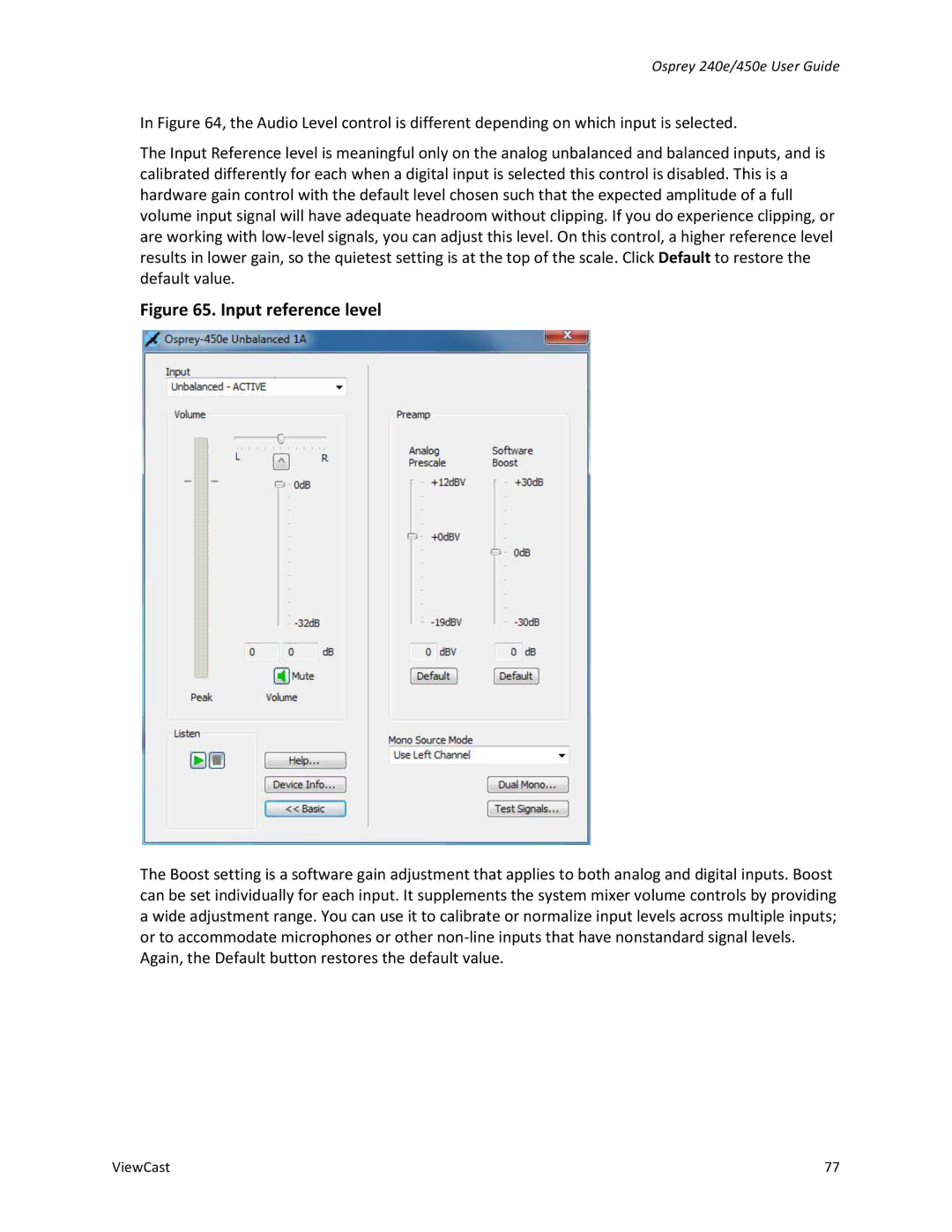 ViewCast Osprey-240e, Osprey-450e manual Input reference level 